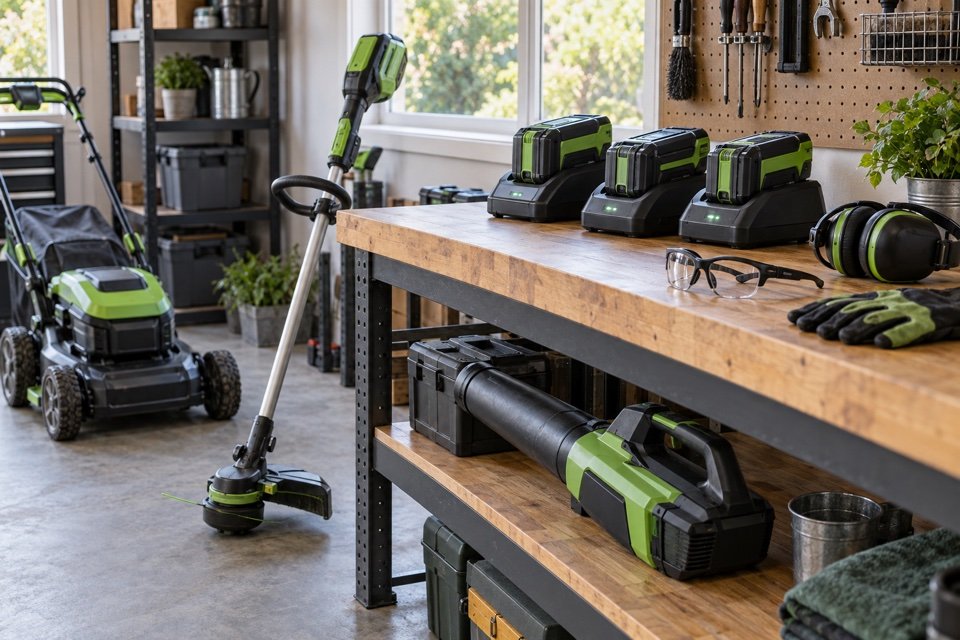 Organized battery lawn-equipment charging station with mower, trimmer, blower and protective equipment