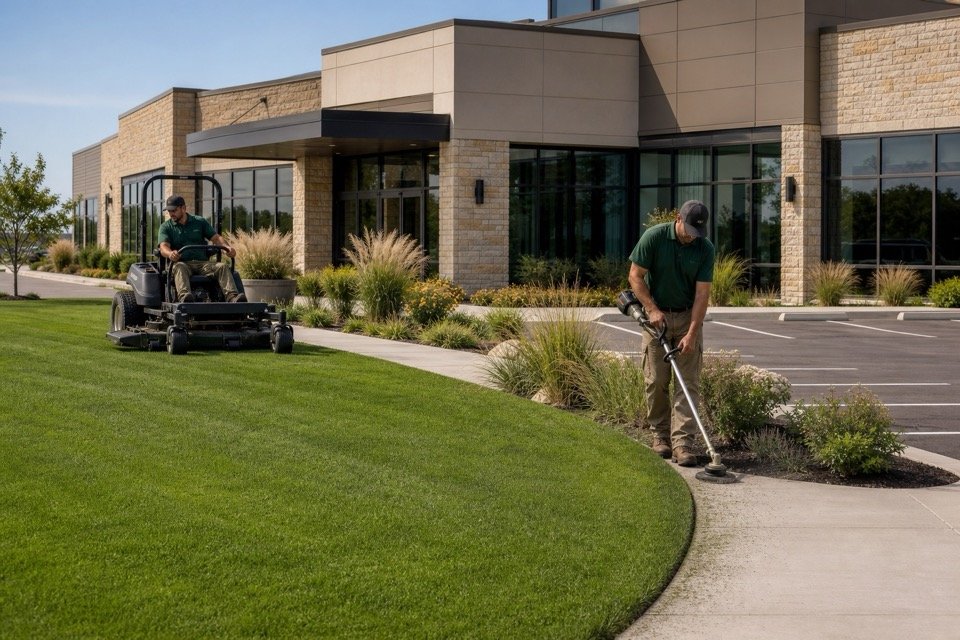 Grounds care crew mowing and edging a commercial property