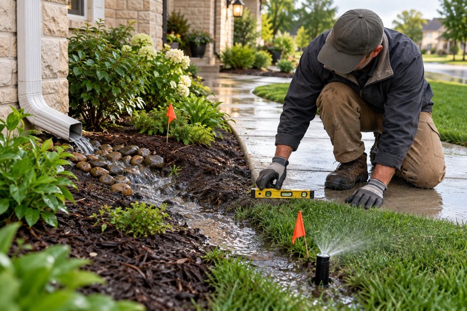 Landscape professional inspecting downspout flow, grade and a sprinkler after rain