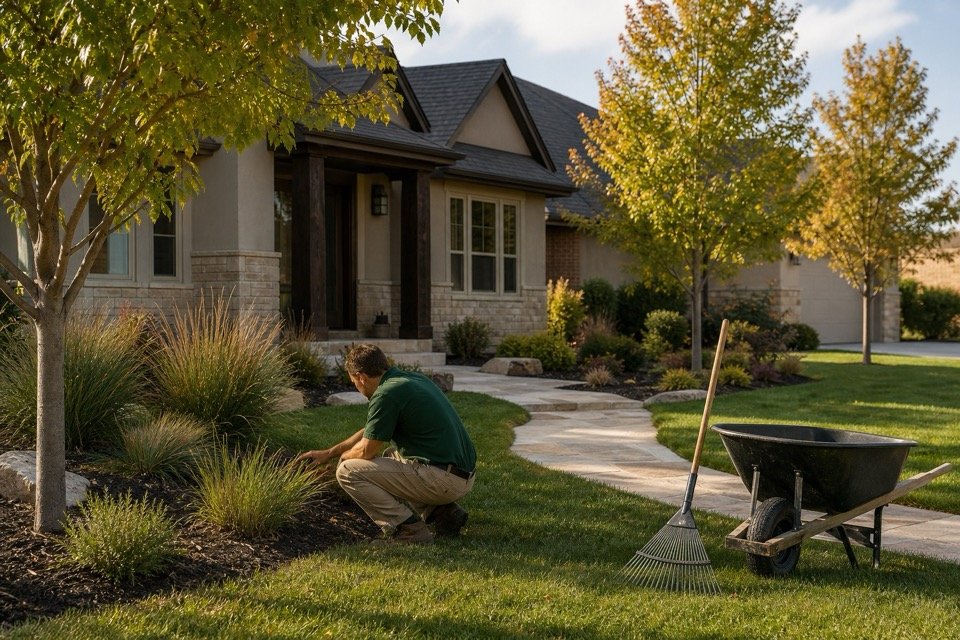 Landscaper preparing a well-kept Central Kansas property for fall