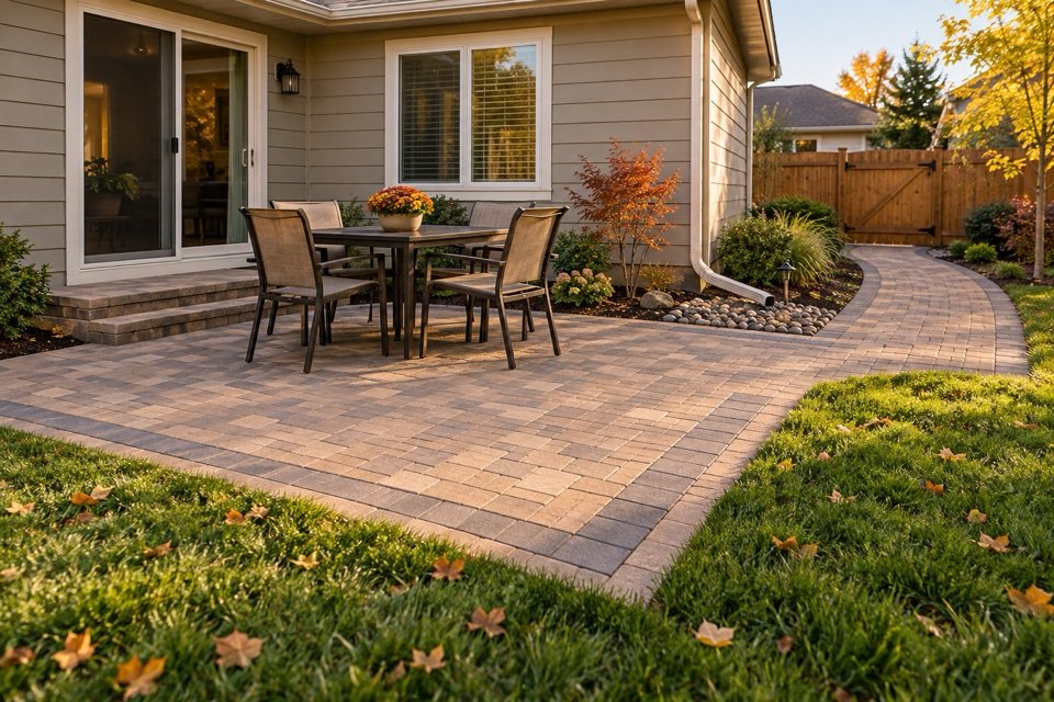 Finished paver patio and gently sloped walkway with stable edges beside a Kansas home