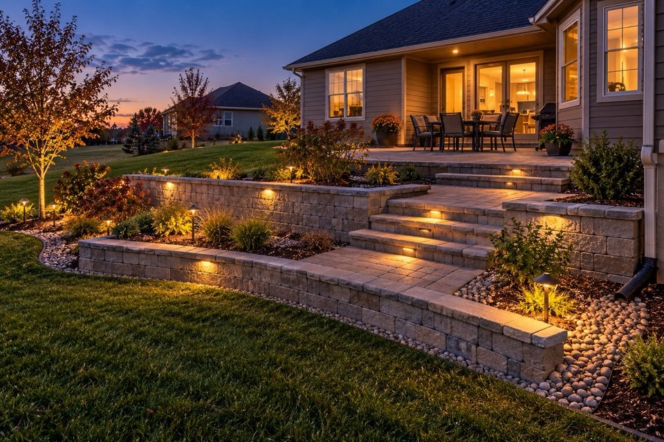 A finished terraced retaining wall integrated with a patio, broad steps, planting and warm landscape lighting
