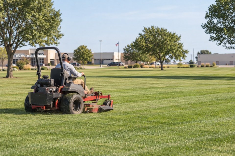 Landscaping professional operating a gas zero-turn mower on a large Central Kansas commercial property