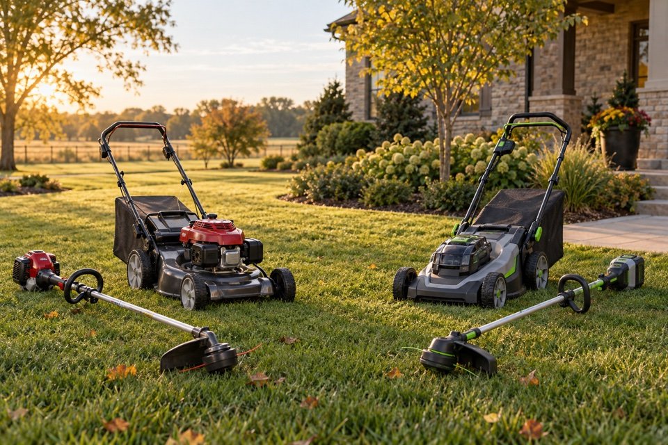 Gas and battery-powered lawn mowers and string trimmers arranged on a Central Kansas lawn