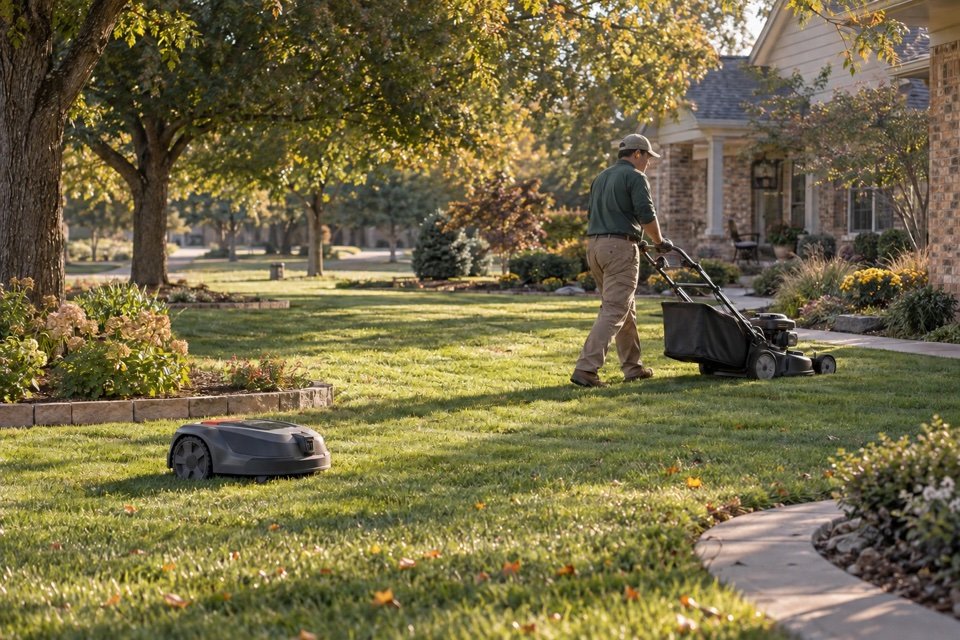 A landscaper wearing one cap and a robotic mower maintaining different areas of a Central Kansas lawn