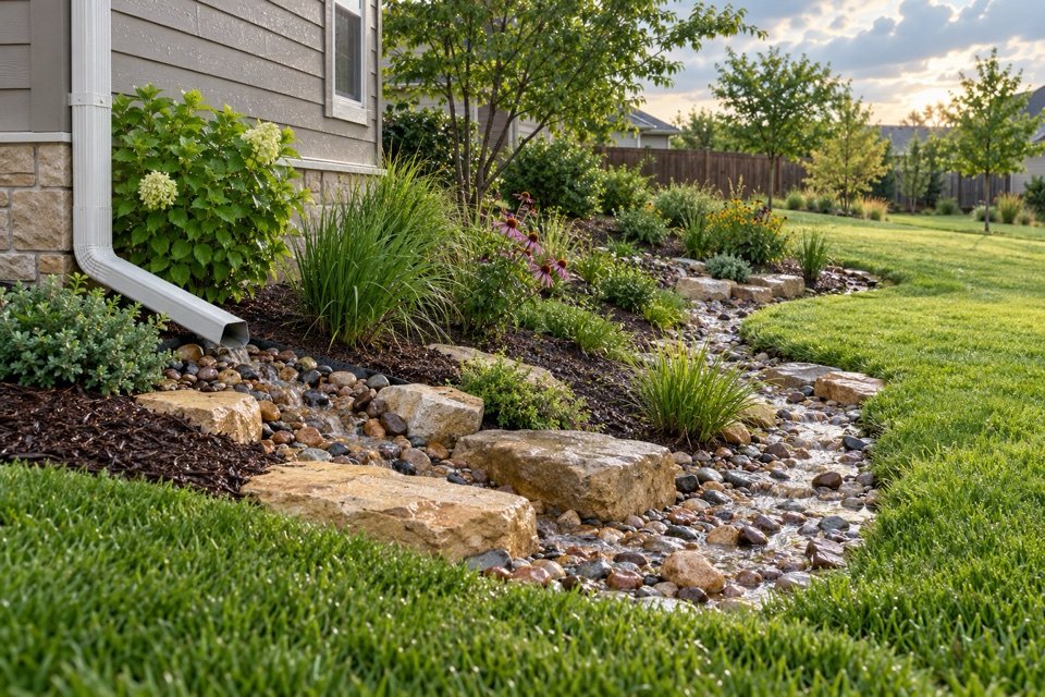 Completed downspout and planted dry creek drainage route carrying water away from a Kansas home