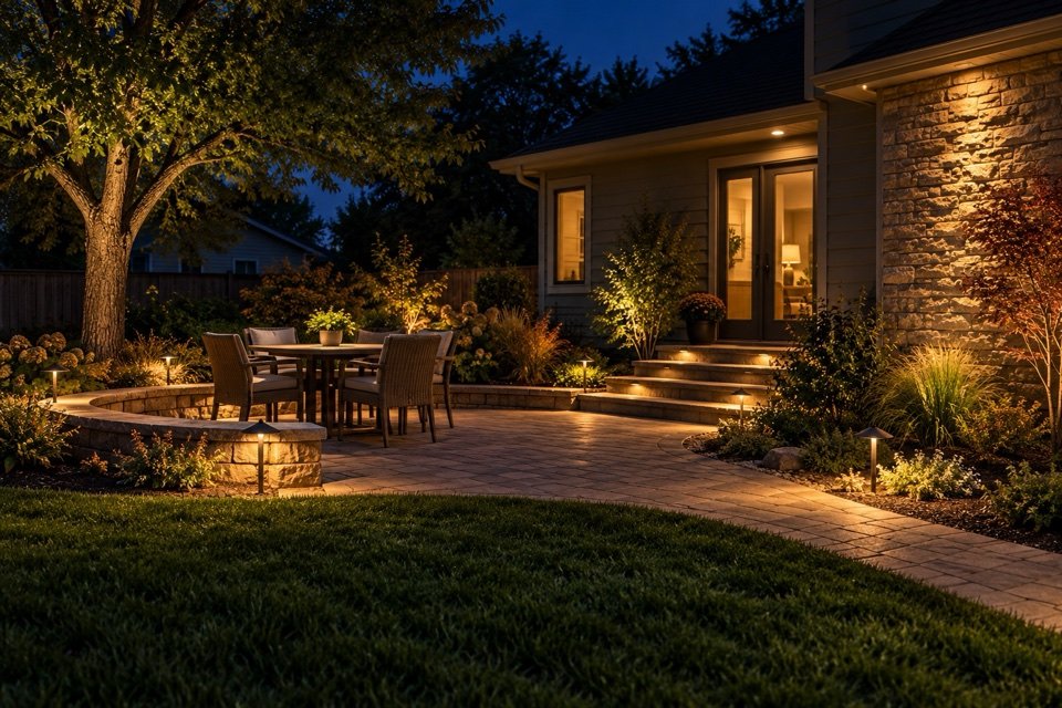 A finished backyard patio with layered warm lighting on steps, paths, the entry and selected plants