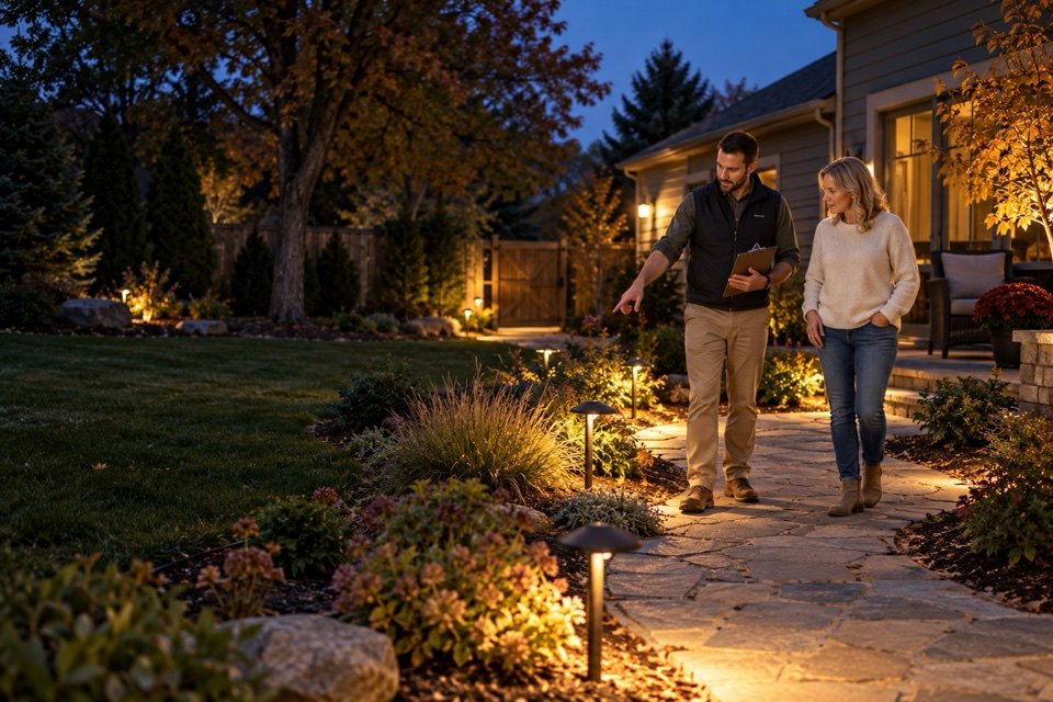 A homeowner and landscape specialist walking along a warmly lit stone path at dusk