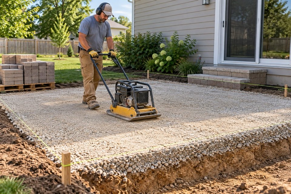 Landscape worker compacting a crushed aggregate paver base between elevation string lines