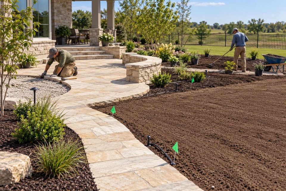 Coordinated Central Kansas property improvement with hardscape, planting beds, irrigation and prepared lawn area