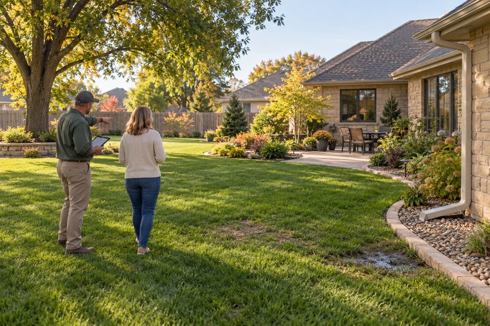 A landscape specialist and homeowner assessing a Central Kansas property before planning improvements