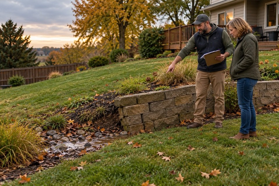 A landscape specialist and homeowner assessing an aging retaining wall and wet slope