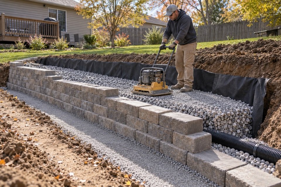 A landscape worker compacting the prepared base and drainage aggregate behind a segmental retaining wall