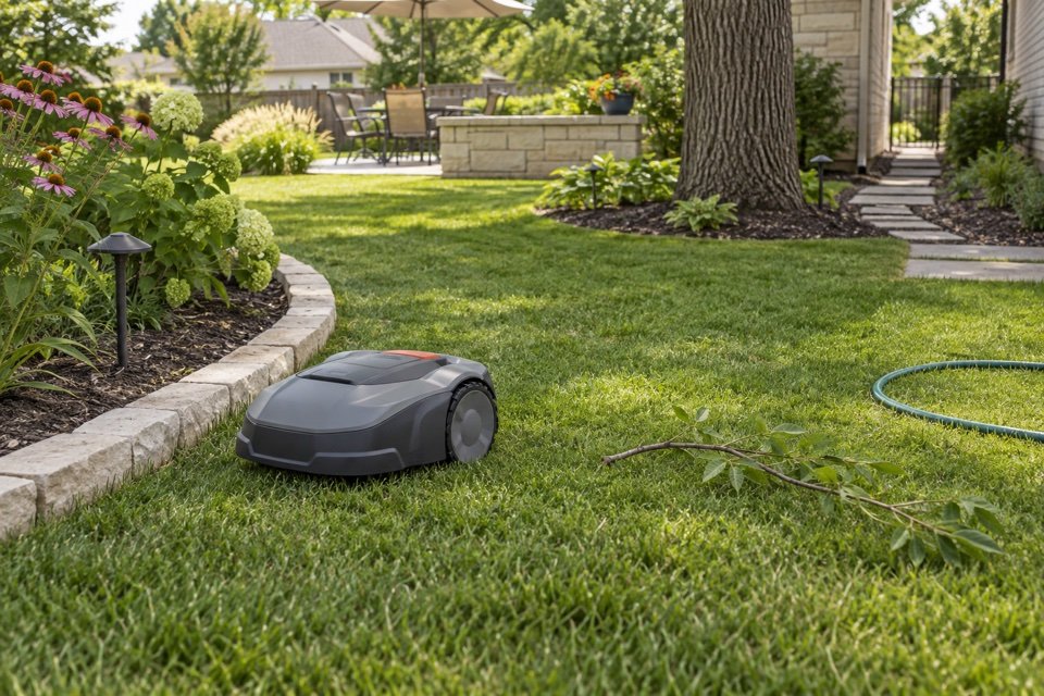Robotic mower navigating a curved lawn near a branch, garden hose and planting bed