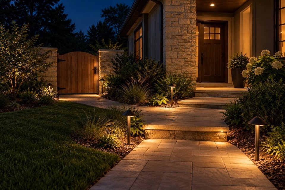 A stone walkway, steps and garden gate illuminated by warm shielded outdoor lights