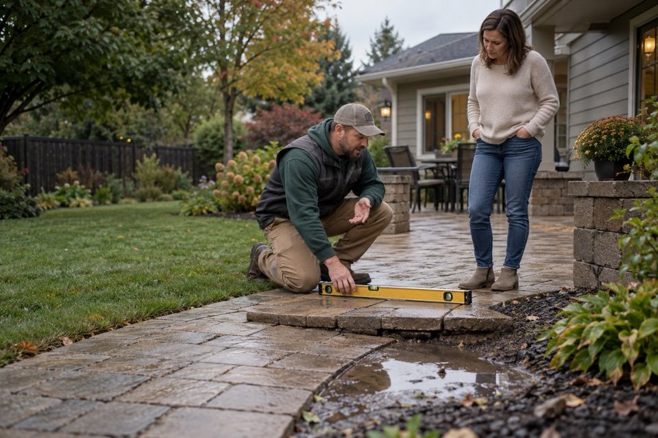 A landscape specialist and homeowner checking a sunken paver walkway after rain