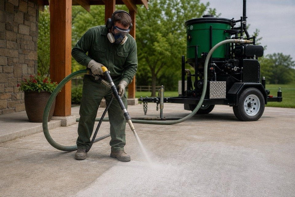 Operator using modern surface preparation equipment on concrete