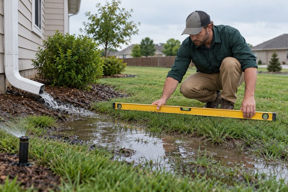 Landscape specialist checking lawn grade beside a downspout and sprinkler after rain