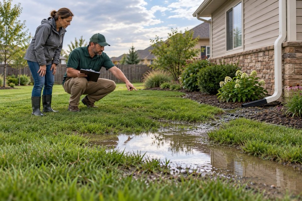 A landscape specialist and homeowner assessing standing water in a Central Kansas yard after rain